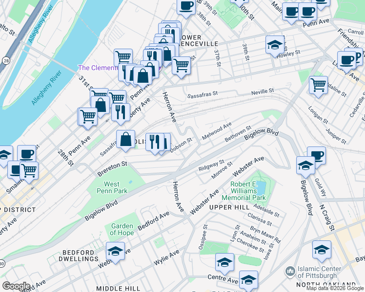 map of restaurants, bars, coffee shops, grocery stores, and more near 3218 Dobson Street in Pittsburgh