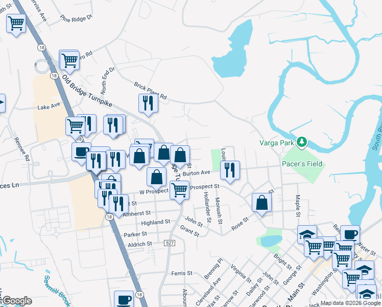 map of restaurants, bars, coffee shops, grocery stores, and more near 85 Gaszi Avenue in South River