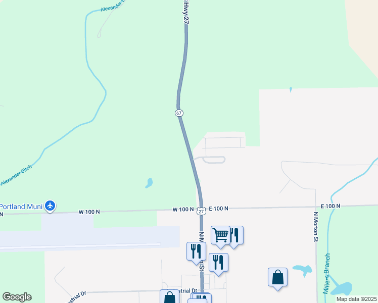 map of restaurants, bars, coffee shops, grocery stores, and more near 1348 Indiana 67 in Portland