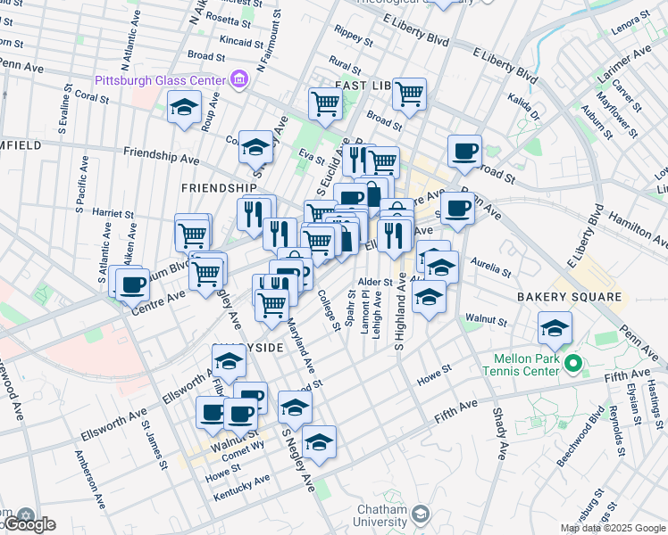 map of restaurants, bars, coffee shops, grocery stores, and more near 5875 Ellsworth Avenue in Pittsburgh