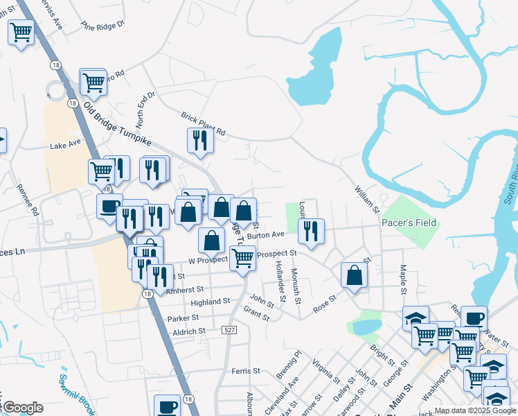 map of restaurants, bars, coffee shops, grocery stores, and more near 79 Rubin Street in South River