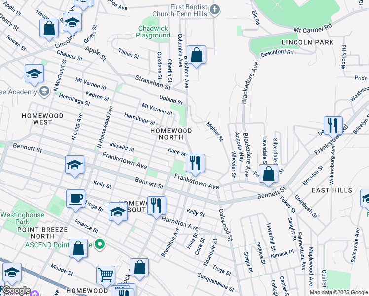 map of restaurants, bars, coffee shops, grocery stores, and more near 1101 Brushton Avenue in Pittsburgh