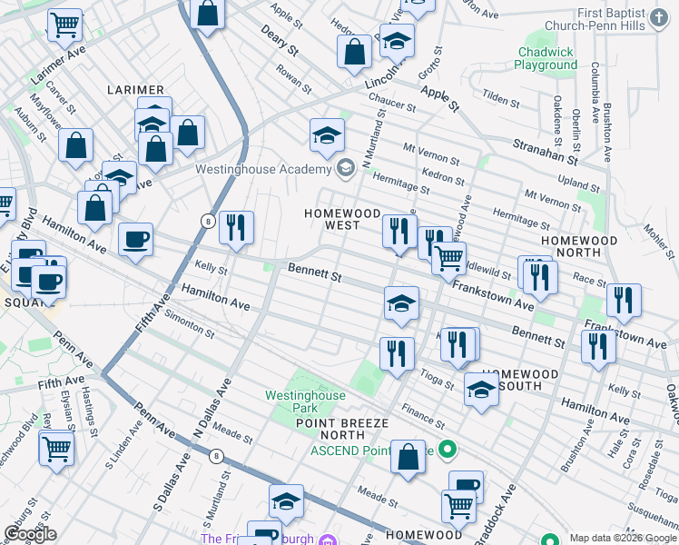 map of restaurants, bars, coffee shops, grocery stores, and more near 7016 Frankstown Avenue in Pittsburgh