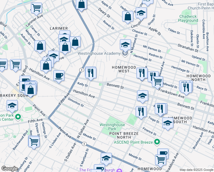 map of restaurants, bars, coffee shops, grocery stores, and more near in Pittsburgh