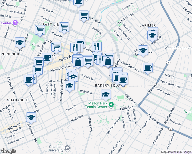 map of restaurants, bars, coffee shops, grocery stores, and more near 100 Denniston Street in Pittsburgh