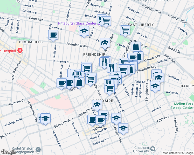 map of restaurants, bars, coffee shops, grocery stores, and more near 401 South Negley Avenue in Pittsburgh
