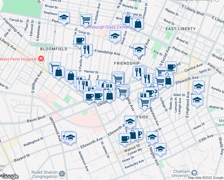 map of restaurants, bars, coffee shops, grocery stores, and more near 445 South Graham Street in Pittsburgh