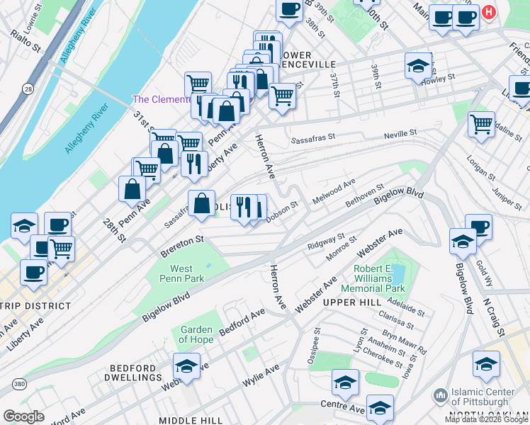 map of restaurants, bars, coffee shops, grocery stores, and more near 21 Revere Way in Pittsburgh