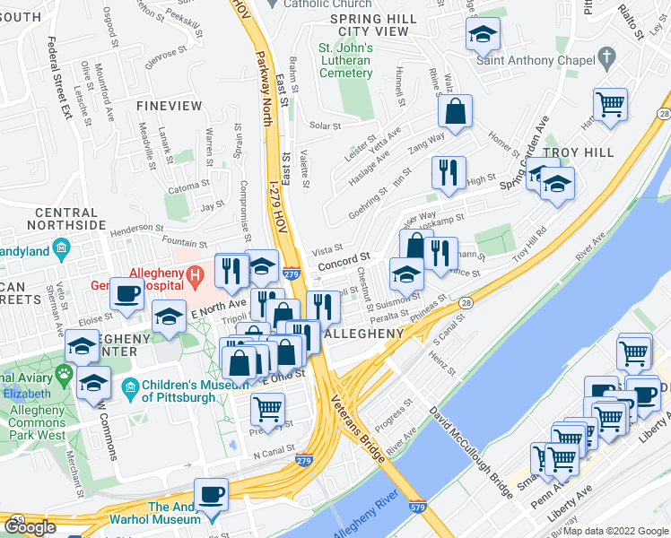 map of restaurants, bars, coffee shops, grocery stores, and more near 838 Concord Street in Pittsburgh