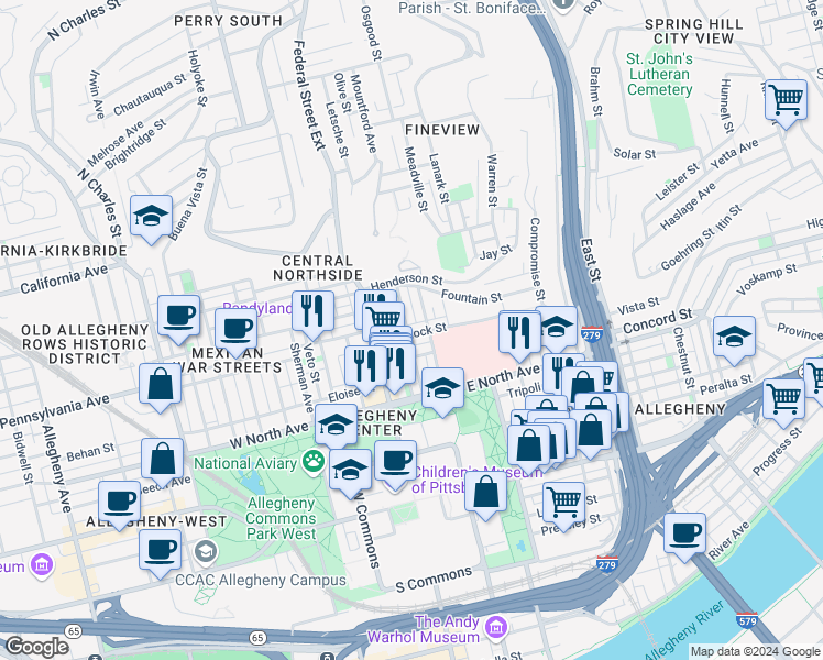 map of restaurants, bars, coffee shops, grocery stores, and more near 1415 Sandusky Street in Pittsburgh