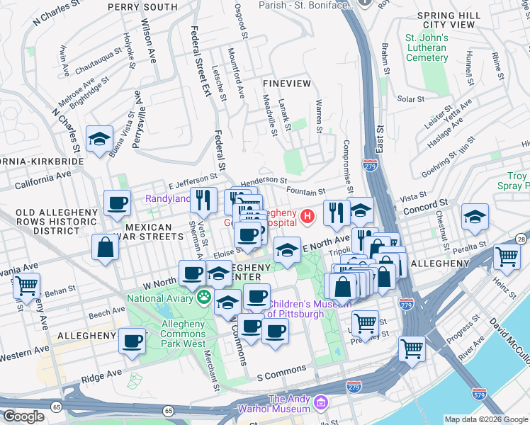 map of restaurants, bars, coffee shops, grocery stores, and more near 1415 Sandusky Street in Pittsburgh