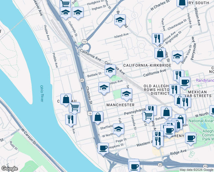 map of restaurants, bars, coffee shops, grocery stores, and more near 1310 Columbus Avenue in Pittsburgh