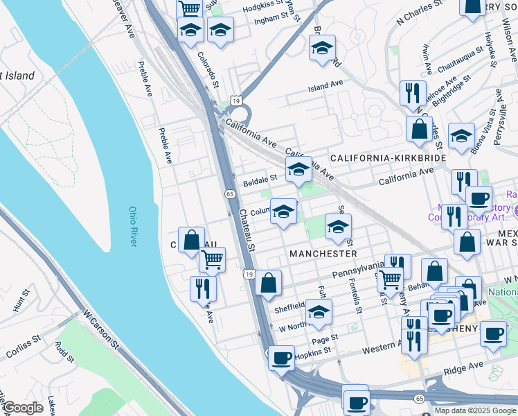 map of restaurants, bars, coffee shops, grocery stores, and more near 1411 Warner Street in Pittsburgh