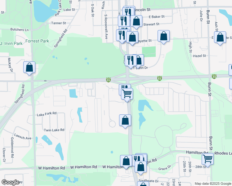 map of restaurants, bars, coffee shops, grocery stores, and more near 110 Urban Street in Bloomington