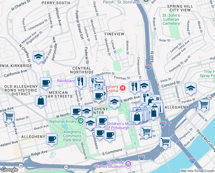 map of restaurants, bars, coffee shops, grocery stores, and more near 1415 Sandusky Street in Pittsburgh