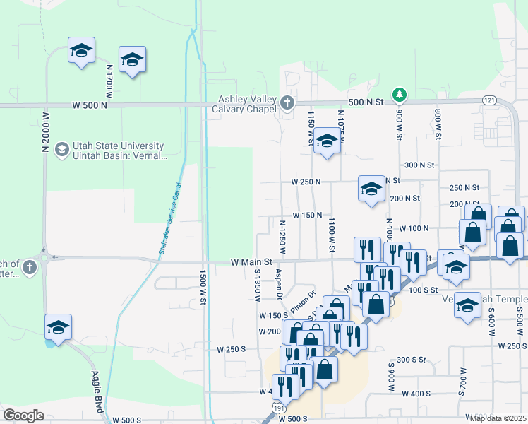 map of restaurants, bars, coffee shops, grocery stores, and more near 1302 West 150 North in Vernal