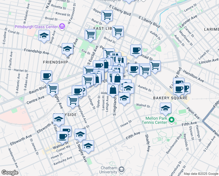 map of restaurants, bars, coffee shops, grocery stores, and more near 235 Lehigh Avenue in Pittsburgh