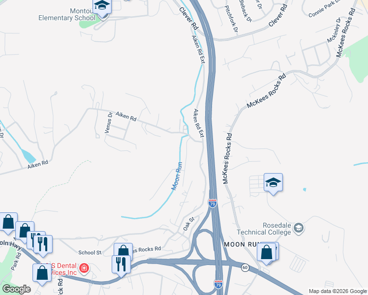 map of restaurants, bars, coffee shops, grocery stores, and more near 103 Arbor Trail Drive in McKees Rocks