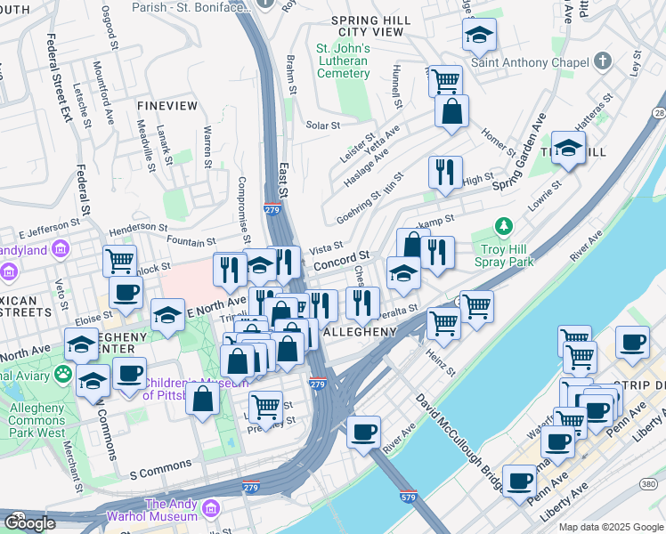 map of restaurants, bars, coffee shops, grocery stores, and more near 831 Concord Street in Pittsburgh