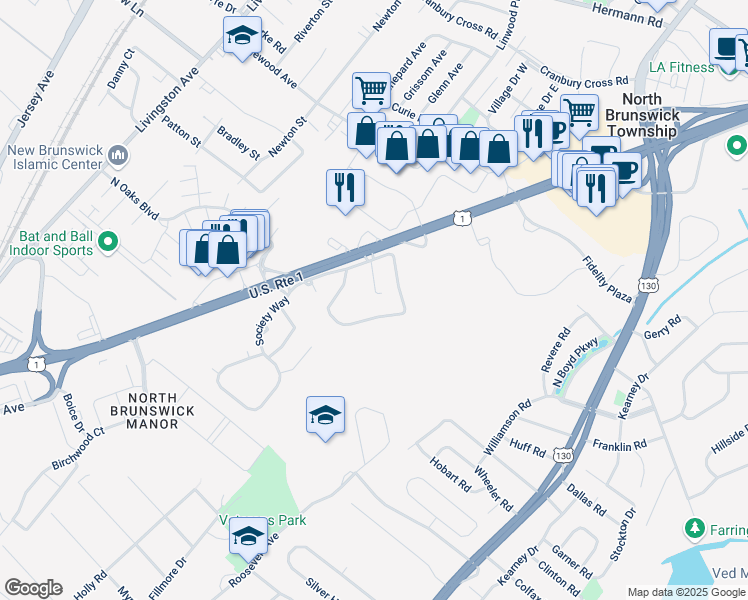 map of restaurants, bars, coffee shops, grocery stores, and more near 395 Rittenhouse Court in North Brunswick Township