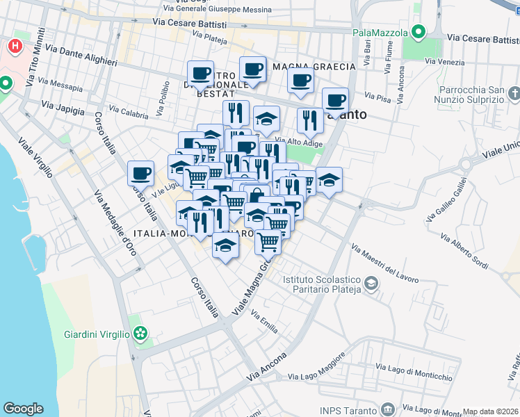 map of restaurants, bars, coffee shops, grocery stores, and more near 7 Via Dalmazia in Taranto