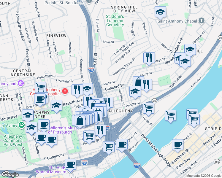 map of restaurants, bars, coffee shops, grocery stores, and more near 831 Concord Street in Pittsburgh
