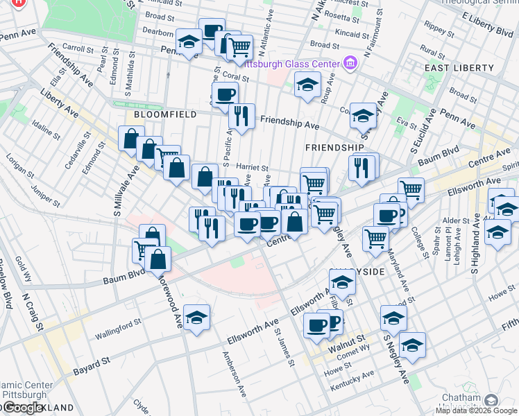 map of restaurants, bars, coffee shops, grocery stores, and more near 462 South Aiken Avenue in Pittsburgh