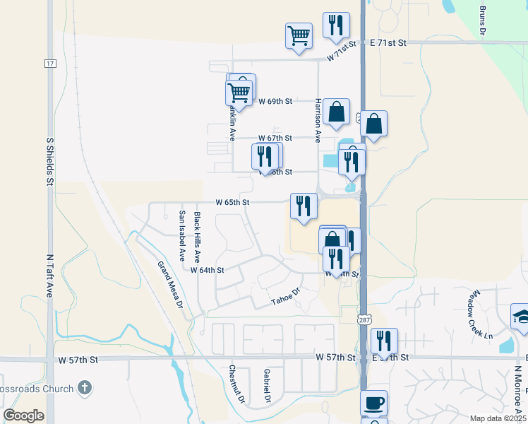 map of restaurants, bars, coffee shops, grocery stores, and more near 6444 Eden Garden Drive in Loveland