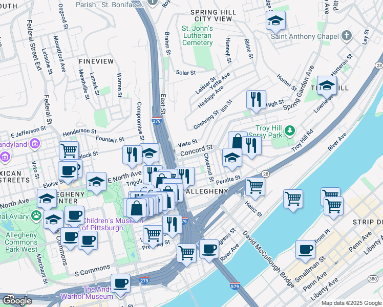 map of restaurants, bars, coffee shops, grocery stores, and more near 833 Concord Street in Pittsburgh
