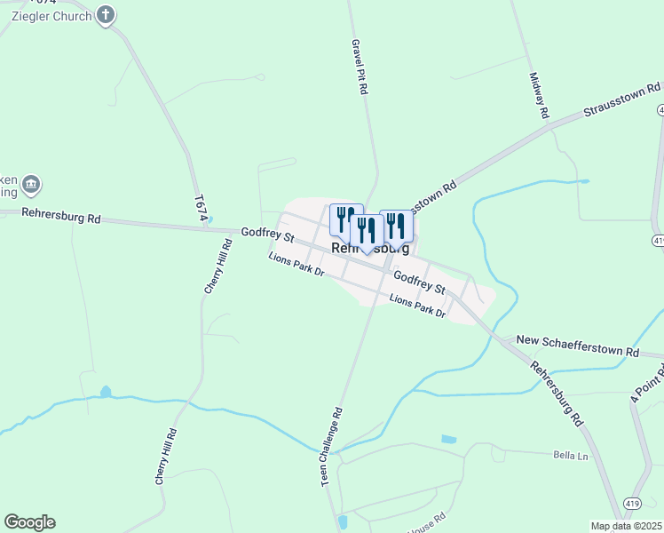 map of restaurants, bars, coffee shops, grocery stores, and more near 240 Godfrey Street in Rehrersburg