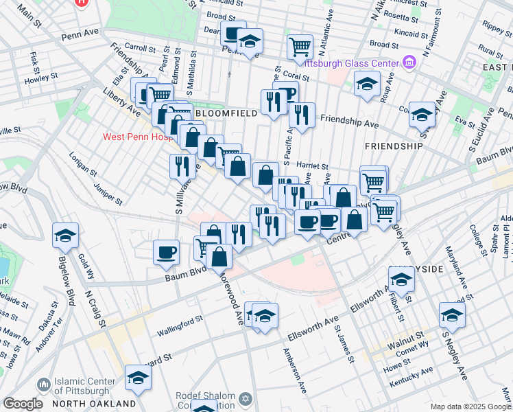 map of restaurants, bars, coffee shops, grocery stores, and more near 5140 Liberty Avenue in Pittsburgh