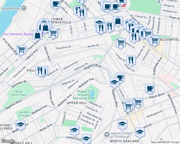 map of restaurants, bars, coffee shops, grocery stores, and more near 3532 Ridgway Street in Pittsburgh