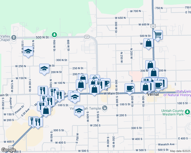 map of restaurants, bars, coffee shops, grocery stores, and more near 145 North 500 West in Vernal