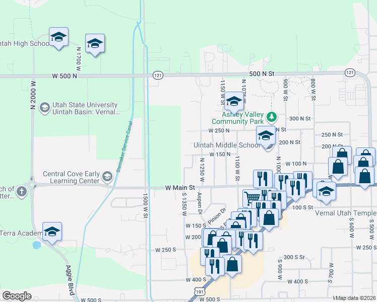map of restaurants, bars, coffee shops, grocery stores, and more near 1302 West 150 North in Vernal