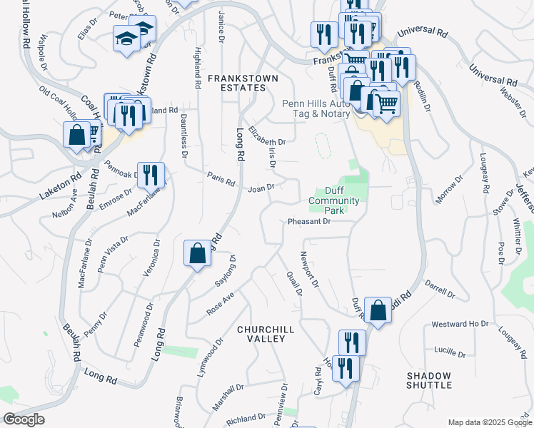map of restaurants, bars, coffee shops, grocery stores, and more near 12014 Joan Drive in Pittsburgh