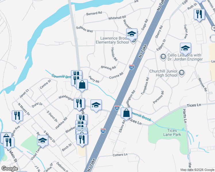 map of restaurants, bars, coffee shops, grocery stores, and more near 23 Jean Road in East Brunswick