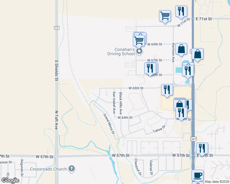 map of restaurants, bars, coffee shops, grocery stores, and more near 6486 San Isabel Avenue in Loveland