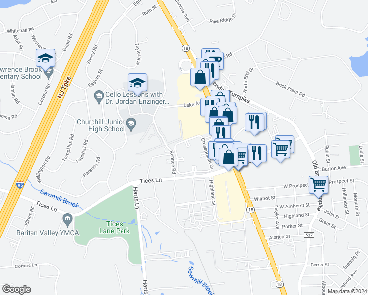 map of restaurants, bars, coffee shops, grocery stores, and more near 186 Blew Court in East Brunswick