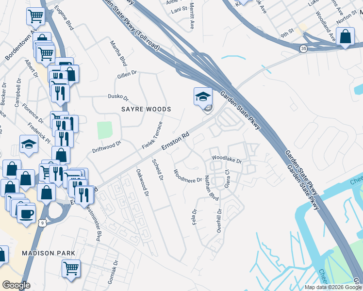 map of restaurants, bars, coffee shops, grocery stores, and more near 136 Woodmere Drive in Sayreville