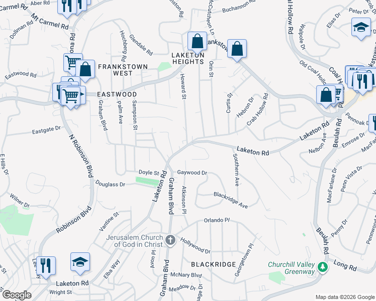 map of restaurants, bars, coffee shops, grocery stores, and more near 2620 Laketon Road in Pittsburgh