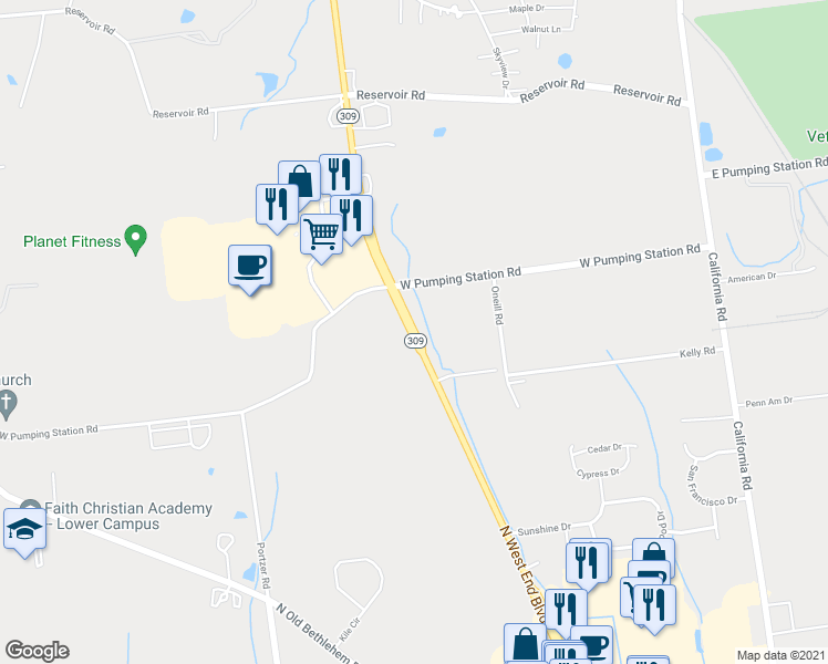 map of restaurants, bars, coffee shops, grocery stores, and more near 497 North West End Boulevard in Quakertown
