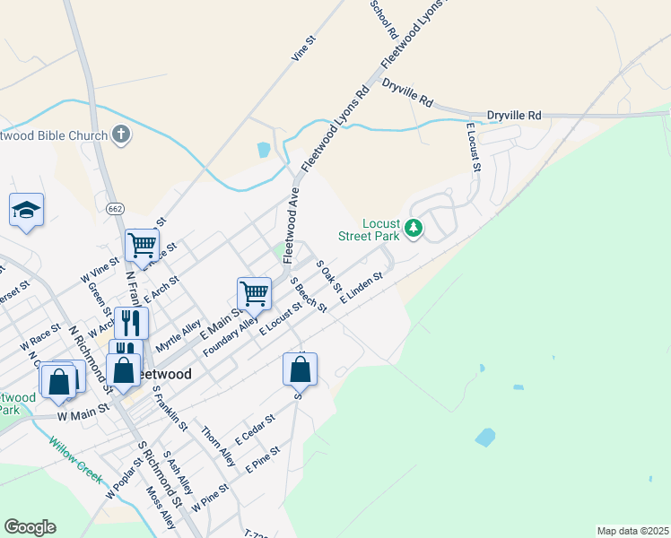 map of restaurants, bars, coffee shops, grocery stores, and more near 507 East Locust Street in Fleetwood