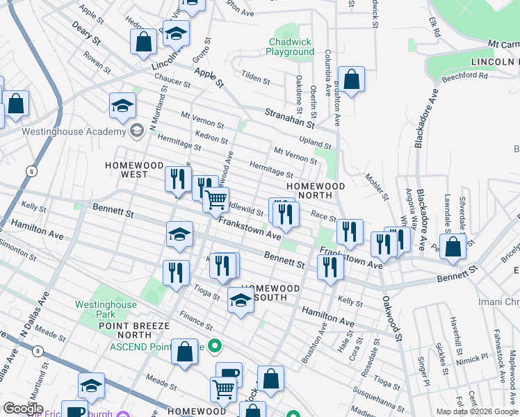 map of restaurants, bars, coffee shops, grocery stores, and more near 7310 Race Street in Pittsburgh