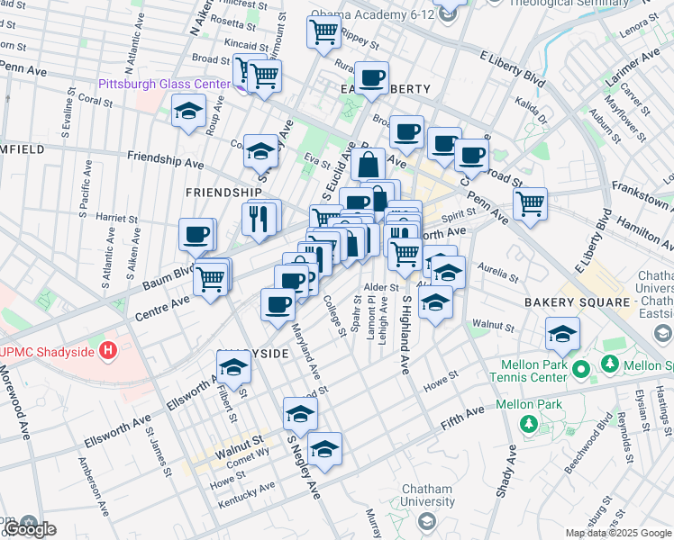 map of restaurants, bars, coffee shops, grocery stores, and more near 5875 Ellsworth Avenue in Pittsburgh