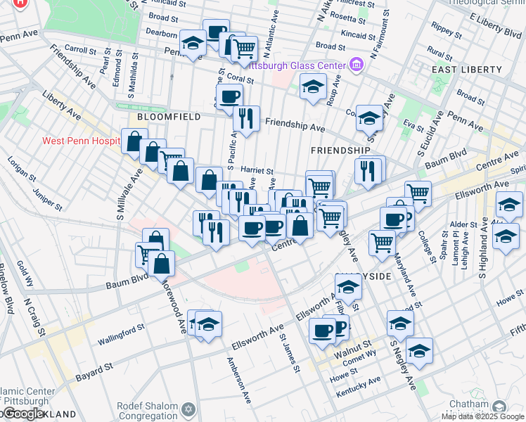 map of restaurants, bars, coffee shops, grocery stores, and more near 451 South Aiken Avenue in Pittsburgh