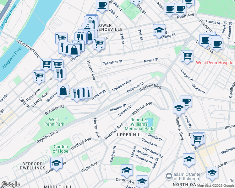 map of restaurants, bars, coffee shops, grocery stores, and more near in Pittsburgh