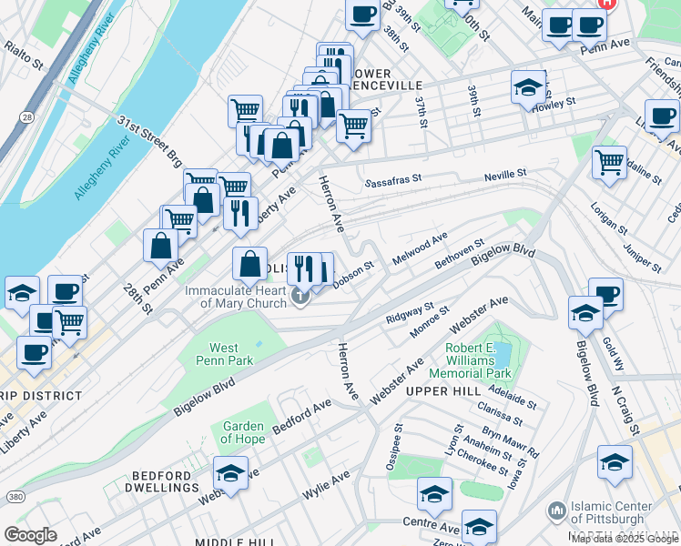 map of restaurants, bars, coffee shops, grocery stores, and more near 21 Revere Way in Pittsburgh