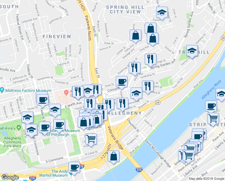 map of restaurants, bars, coffee shops, grocery stores, and more near 838 Concord Street in Pittsburgh