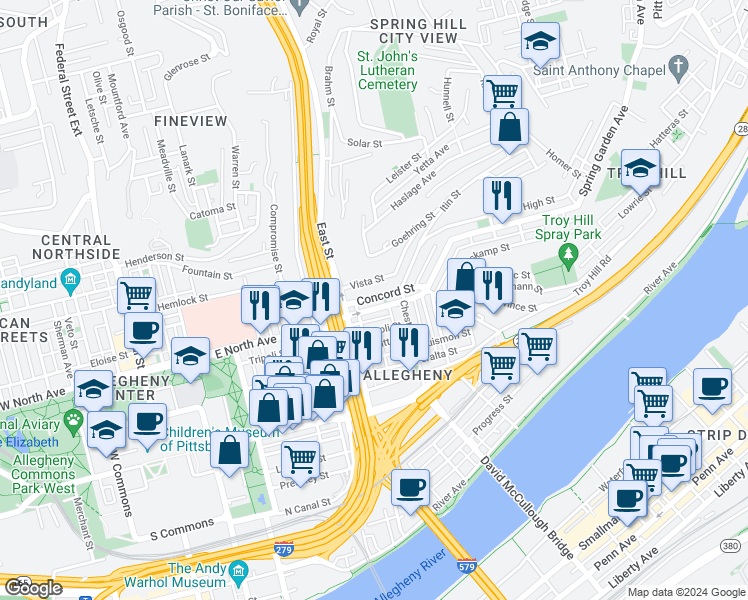 map of restaurants, bars, coffee shops, grocery stores, and more near 838 Concord Street in Pittsburgh