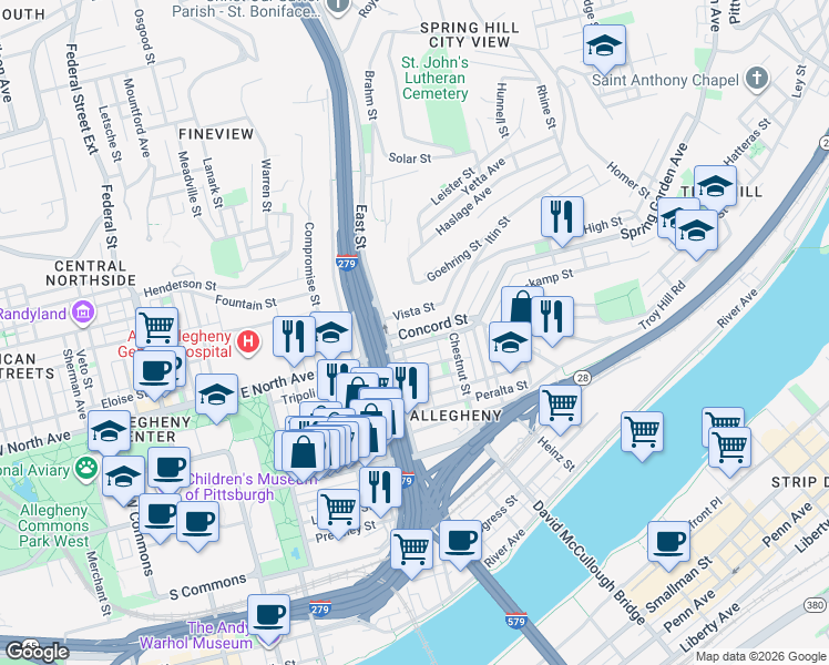 map of restaurants, bars, coffee shops, grocery stores, and more near 838 Concord Street in Pittsburgh